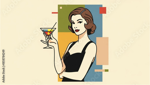 A woman enjoying a colorful cocktail in a modern abstract setting