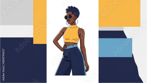 Illustration of a confident woman standing with one hand on her hip surrounded by geometric shapes and contrasting colors