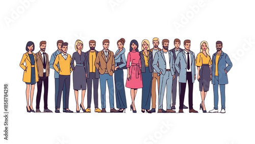 Diverse group of people standing together in a line, showcasing different cultures and styles in a modern urban setting from a frontal viewpoint