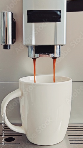 Pouring coffee stream from machine in cup. Cafe making hot Espresso. Flowing fresh ground coffee. Drinking roasted black coffee in the morning. Vertical