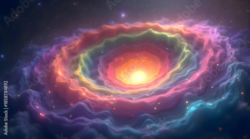 Colorful glowing spiral floating in a cosmic galaxy environment, abstract space inspired artwork, vibrant surreal composition, imaginative visual concept with deep space atmosphere