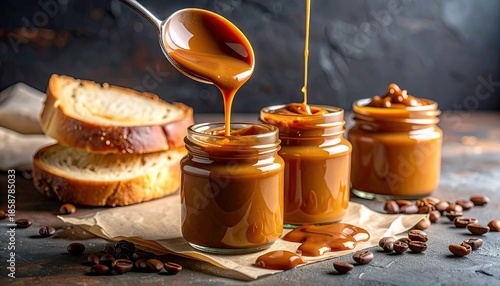 Rich golden caramel sauce being poured from a spoon into a glass jar next to sliced bread and coffee beans on a rustic dark background with warm lighting