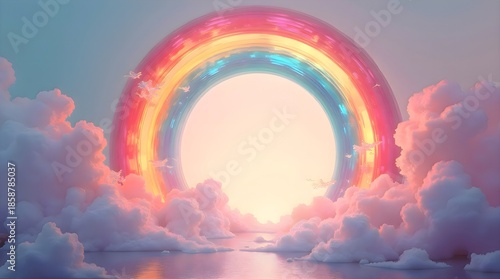 Rainbow stretching across the sky above calm water surface, tranquil landscape scene combining reflection, light and atmosphere, peaceful outdoor view with natural harmony