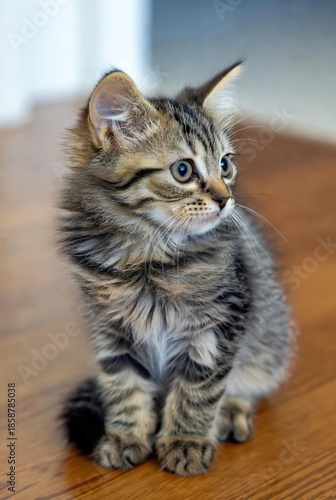 Small curious tabby kitten with fluffy fur gazing right on a wooden floor