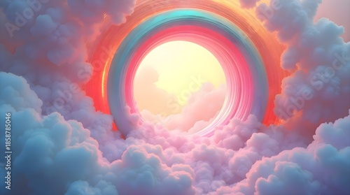 Rainbow appearing within a cloud filled sky, atmospheric landscape scene with soft light and calm mood, natural weather phenomenon creating peaceful and inspiring outdoor view