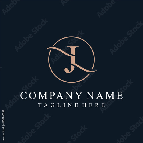 simple letter j serif font text logo design, golden icon vector concept, circle round graphic vector template