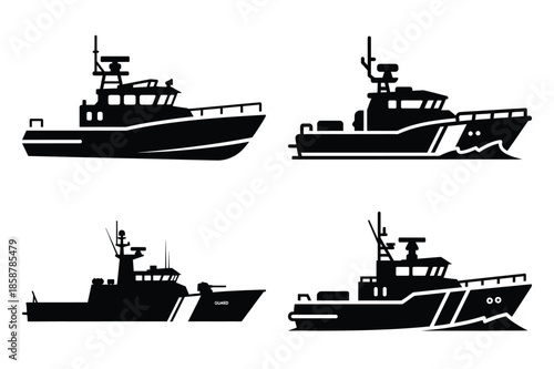 coast guard boat silhouette vector icon set, black color and white background