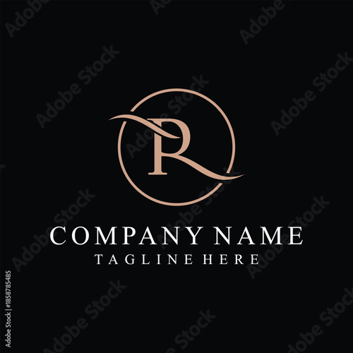 simple letter r serif font text logo design, golden icon vector concept, circle round graphic vector template