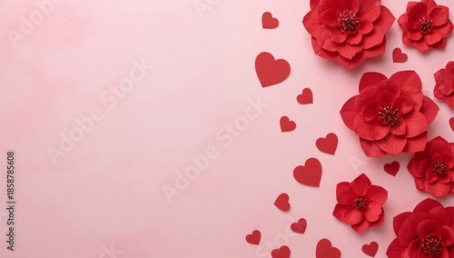 Red Flowers and Hearts on a Light Pink Background for Decoration in Celebration or Event