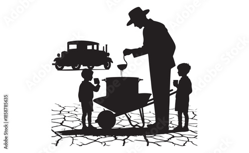 Silhouette of man and children sharing meal from pot in dry ground