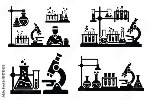experiment lab silhouette vector icon set, black color and white background