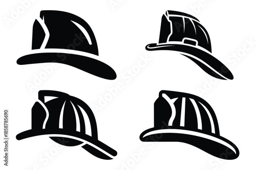 firefighter helmet silhouette vector icon set, black color and white background