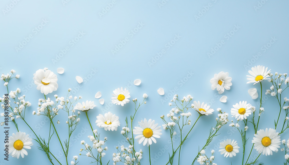 Fototapeta premium White daisy flowers with yellow centers on a light blue background. Petals scattered. Floral nature background ideal for greeting cards