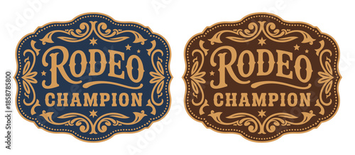 Rodeo Champion Cowboy Label Belt Buckle Bull Rider Medal Ornate Typographic Emblem Vintage Western Vector Design for Ranch Branding Posters Apparel Logos Badges Prints Stickers