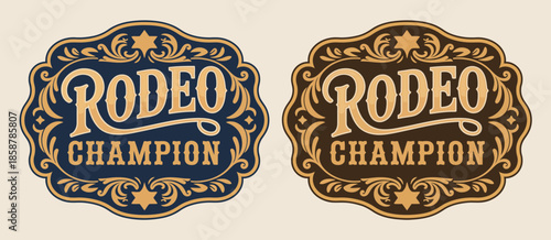 Rodeo Champion Cowboy Label Belt Buckle Bull Rider Medal Ornate Typographic Emblem Vintage Western Vector Design for Ranch Branding Posters Apparel Logos Badges Prints Stickers