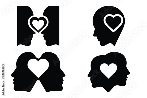 love face silhouette vector icon set, black color and white background