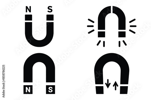 physics magnet silhouette vector icon set, black color and white background