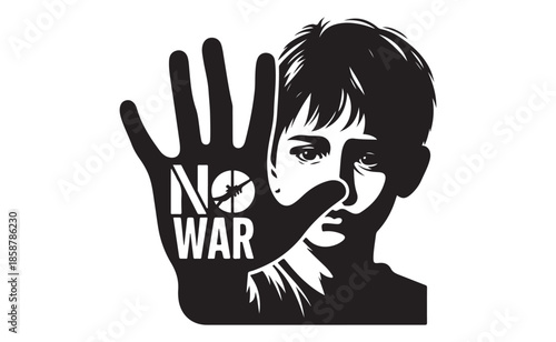 Child holding hand with no war message in bold white text