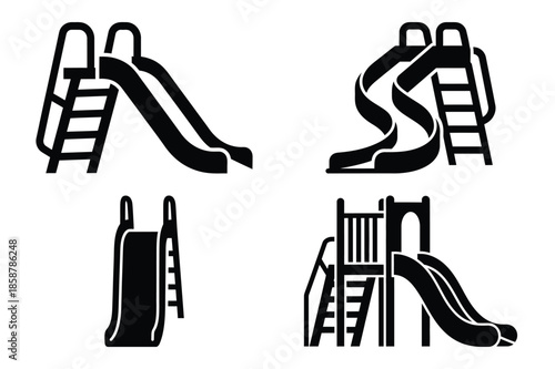 playground slide silhouette vector icon set, black color and white background