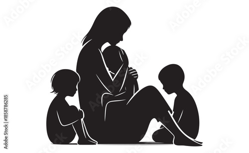 Loving mother breastfeeding baby with kids sitting nearby