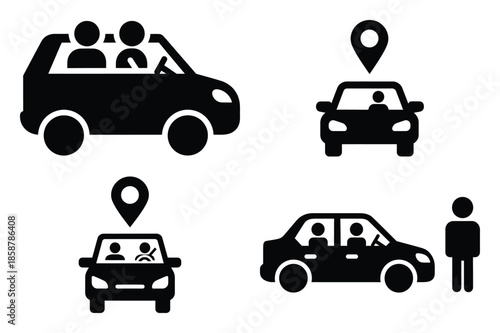 ride sharing silhouette vector icon set, black color and white background