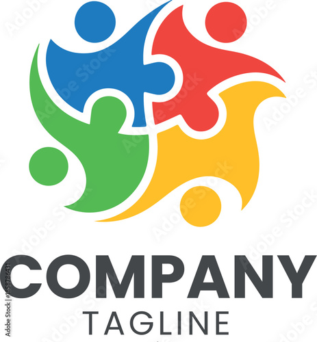 Abstract puzzle piece logo with people — concept of unity, teamwork and collaboration