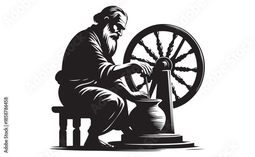 Ancient potter crafts vessel on traditional wheel