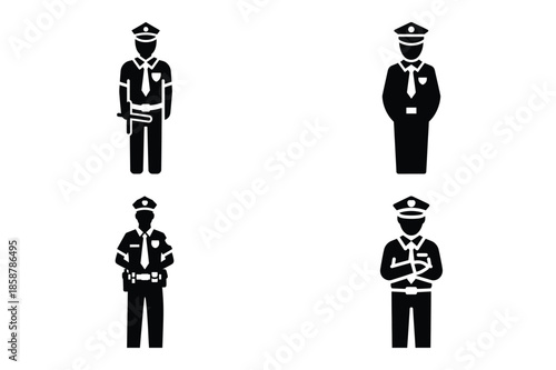 security guard silhouette vector icon set, black color and white background