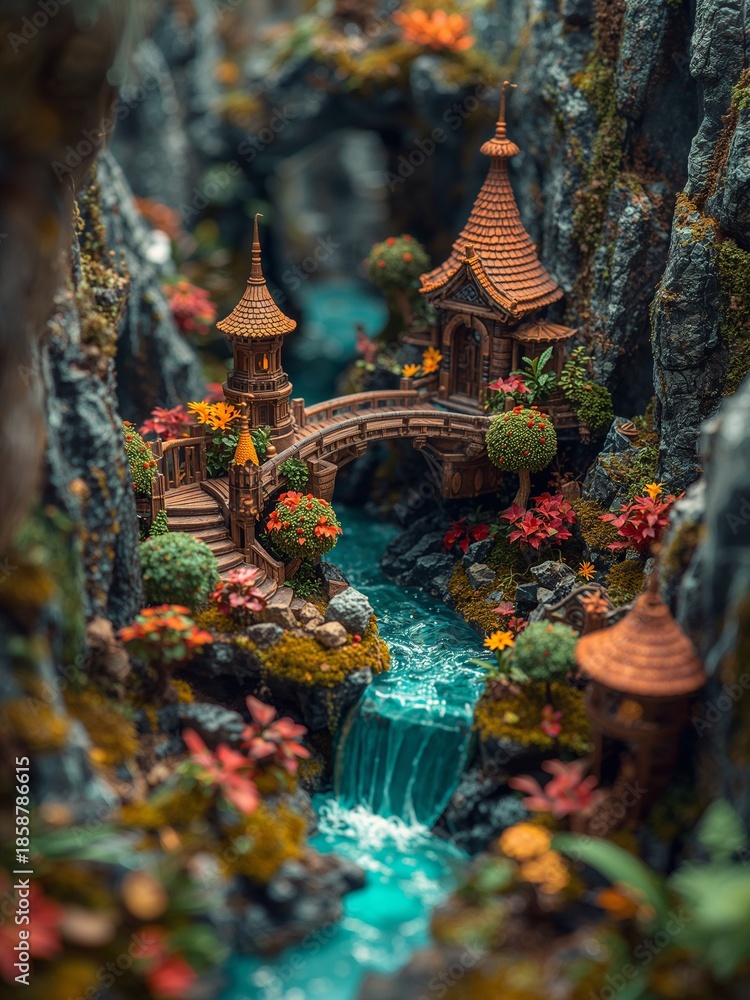 Fototapeta premium Japanese garden diorama features a flowing waterfall, stone bridge, and traditional pagoda building. Vibrant orange and green foliage highlights the serene beauty of this tiny, handcrafted ecosystem.
