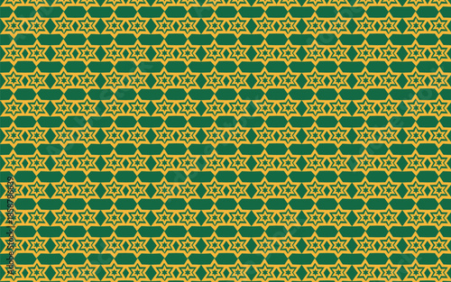 Seamless geometric pattern with yellow hexagram stars on green