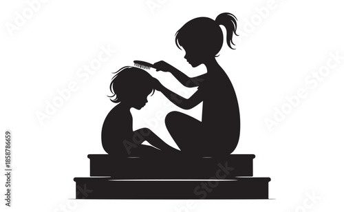 Silhouette of older sister combing younger sibling's hair