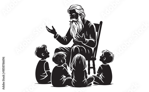 Elderly man sharing wisdom with attentive children in a circle