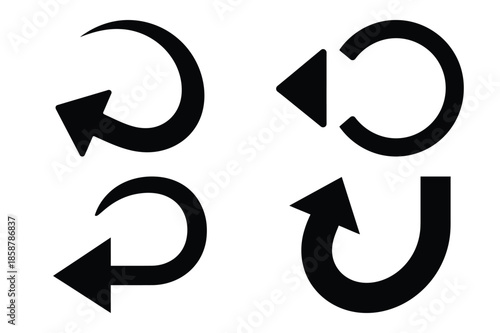 undo arrow silhouette vector icon set, black color and white background