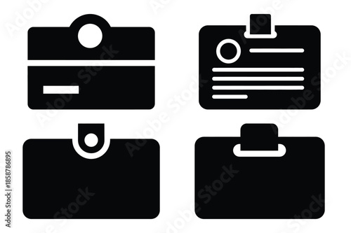 visitor pass silhouette vector icon set, black color and white background