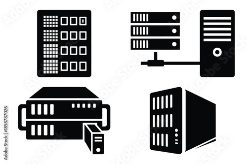 backup server silhouette vector icon set, black color and white background