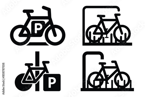 bicycle parking silhouette vector icon set, black color and white background