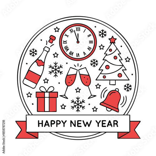 New Year circular badge illustration with clock, champagne flutes, gifts and festive ribbon
