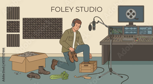Professional foley artist creating sound effects in studio hitting shoes on box near microphone with celery props for movie audio post production recording process.