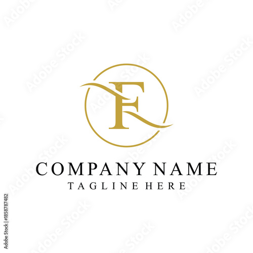 minimalist letter f serif font text logo design, golden icon vector concept, circle round graphic vector template