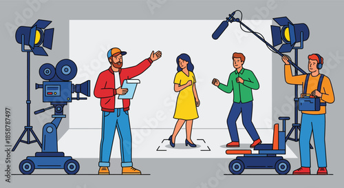 Professional film director holding script instructing actors on movie set with camera crew and boom operator recording sound under studio spotlights during shoot.