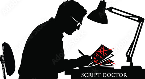 Silhouette of professional script doctor sitting at desk with lamp editing screenplay with red ink corrections and crossing out text on pages to fix story problems.