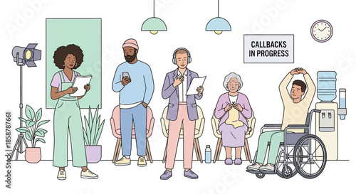 Diverse group of actors waiting for casting callbacks in studio area with scripts and props including man in wheelchair and elderly woman knitting while preparing.