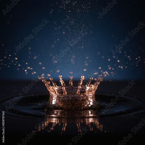 Macro Photography of Water Splash Crown Shape Created by Falling Drop on Liquid Surface Isolated on Dark Blue Background for Freshness Concept and Clean Pure Hydration