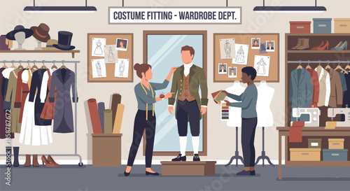 Professional costume designer adjusting period outfit on actor in wardrobe department with assistant holding fabric swatches and sewing machine ready for production.