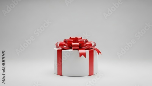 Beautifully wrapped white gift box with red ribbon