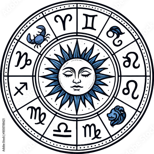 Zodiac Wheel Sun Face Astrology Chart Vector Art
