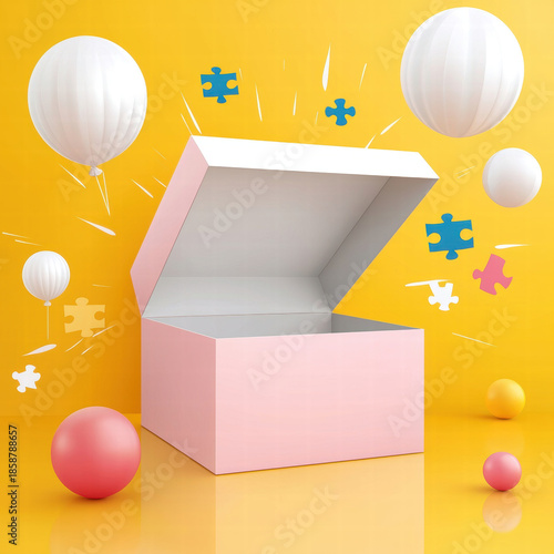 Open pink box surprise yellow background 3d render floating balloon flying puzzle minimal design playful concept joyful open pink box surprise