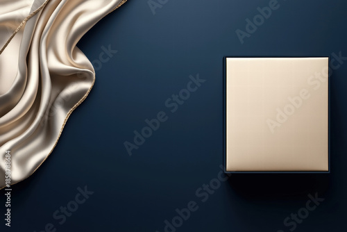 Gift box satin fabric beige box dark background luxury style minimal design copy space elegant texture silk cloth premium packaging gift box dark