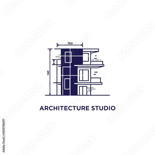 Minimal architecture design illustration showcasing a modern building elevation with precise measurements