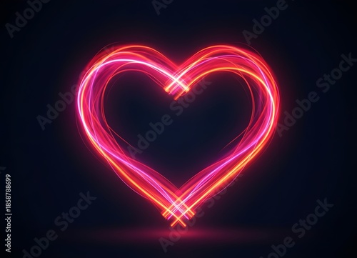 Vibrant streaks of red and pink light form a glowing heart shape.